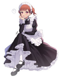 Rule 34 | !, 1girl, apron, black dress, black footwear, blunt bangs, braid, braided bangs, commentary request, copyright request, crossed legs, dress, full body, highres, juliet sleeves, juugonichi (wheeliex2), long sleeves, looking at viewer, maid, maid apron, maid headdress, puffy sleeves, short hair, simple background, solo, spoken exclamation mark, white apron, white background