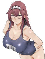Rule 34 | bare shoulders, breasts, closed mouth, curvy, feet out of frame, glasses, hand on own hip, huge breasts, large breasts, lillia greyrat, long hair, looking at viewer, maid headdress, mushoku tensei, one-piece swimsuit, purple eyes, red hair, simple background, standing, swimsuit, white background