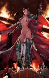 Rule 34 | 00s, 1girl, armor, bad id, bad pixiv id, black hair, blood, blood on clothes, breasts, cape, dungeon and fighter, female priest (dungeon and fighter), happening18, inquisitor (dungeon and fighter), long hair, looking at viewer, purple eyes, solo, weapon