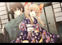 Rule 34 | 1girl, animal ears, blonde hair, brown hair, dead soul revolver, japanese clothes, kimono, letterboxed, mouse ears, red eyes, tomozo kaoru, twintails
