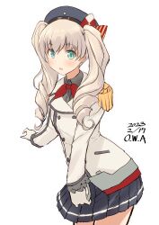 Rule 34 | 1girl, alternate hair length, alternate hairstyle, blue eyes, buttons, commentary request, cosplay, cowboy shot, dated, epaulettes, gloves, grey eyes, grey hair, hair extensions, highres, jacket, kantai collection, kashima (kancolle), kashima (kancolle) (cosplay), long sleeves, military, military jacket, military uniform, neckerchief, one-hour drawing challenge, owa (ishtail), pleated skirt, red neckerchief, sidelocks, simple background, skirt, solo, twintails, twitter username, uniform, wavy hair, white background, white gloves, white jacket, z1 leberecht maass (kancolle)