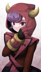 Rule 34 | 1girl, closed mouth, commentary, courtney (pokemon), creatures (company), fake horns, game freak, gloves, gradient background, highres, hood, hood pull, hood up, horns, long sleeves, looking at viewer, nintendo, pokemon, pokemon oras, purple eyes, purple hair, red gloves, red sweater, ribbed sweater, short hair, solo, sweater, team magma, team magma uniform, tento (1010), upper body, vambraces