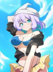 Rule 34 | 1girl, arm behind back, bikini, blue bikini, blue sky, cato (monocatienus), closed mouth, cloud, commentary request, cowboy shot, letty whiterock, light purple hair, navel, outdoors, partially unzipped, skirt, sky, smile, solo, swimsuit, touhou, white headwear, yellow skirt
