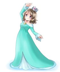 Rule 34 | 1girl, artist name, blue dress, blue eyes, closed mouth, cosplay, crown, dress, earrings, female focus, grey hair, hair between eyes, highres, jewelry, light brown hair, looking at viewer, love live!, love live! sunshine!!, ririn (ririn 501), rosalina (cosplay), short hair, simple background, smile, solo, standing, watanabe you, white background