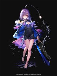 Rule 34 | 1girl, anglerfish girl, axe, black background, black dress, blue jacket, chain, cleavage cutout, clothing cutout, dress, water drop, gem, hand on own chest, highres, jacket, knees together feet apart, lentain, miniskirt, official art, pearl (gemstone), pink dress, purple hair, red eyes, ribbon, short dress, skirt, solo, spikes, water drop, weapon, wild girls