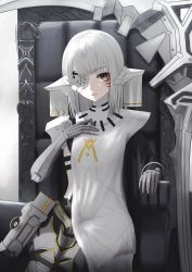 Rule 34 | 1girl, absurdres, android, blouse, brown eyes, chair, commentary, english commentary, facial mark, girls&#039; frontline, headgear, highres, looking at viewer, mechanical arms, medium hair, nyto (girls&#039; frontline), alina (girls&#039; frontline), open mouth, paradeus, scythe, shirt, solo, thomas 8000, weapon, whisker markings, white hair, white shirt
