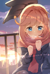 Rule 34 | 1girl, blue eyes, blush, breath, clarisse (granblue fantasy), coat, granblue fantasy, hands up, highres, long hair, long sleeves, looking at viewer, orange hair, outdoors, ponytail, saboten mushi, scarf, smile, solo, sunset, tagme, winter clothes, winter coat