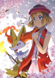 Rule 34 | 1girl, absurdres, animal ear fluff, animal nose, artist name, blue eyes, blue ribbon, braixen, brown hair, clenched hand, closed mouth, collarbone, commentary request, creatures (company), eyelashes, fingernails, fire, game freak, gen 6 pokemon, hat, highres, neck ribbon, nintendo, petals, pink headwear, pokemer, pokemon, pokemon (anime), pokemon (creature), pokemon xy (anime), ribbon, serena (pokemon), short hair, sleeveless duster, smile, snout