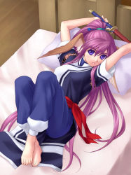 Rule 34 | 00s, 1girl, arms up, barefoot, bed, blue eyes, blush, hair ornament, hairpin, head wings, long hair, lying, on back, ponytail, purple hair, solo, sword, touka (utawarerumono), utawarerumono, very long hair, weapon, wings, zen