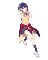 Rule 34 | 1girl, blue socks, breasts, brown eyes, clothes around waist, full body, girl cafe gun, grey skirt, hands on headphones, hands up, headphones, highres, iritoa, jacket, jacket around waist, kneehighs, looking at viewer, miniskirt, neck ribbon, official art, purple hair, red jacket, ribbon, school uniform, shi wuyou, shirt, shoes, short hair, skirt, small breasts, smile, socks, solo, sweater vest, transparent background, white footwear, white shirt
