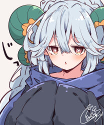Rule 34 | 1girl, :&lt;, beni shake, black dress, blue scarf, brown eyes, commentary request, dress, fang, fate/grand order, fate (series), grey background, grey hair, hair between eyes, horns, larva tiamat (fate), long hair, long sleeves, looking at viewer, parted lips, pointy ears, scarf, signature, simple background, sleeves past fingers, sleeves past wrists, solo, symbol-shaped pupils, tiamat (fate), triangle mouth, very long hair
