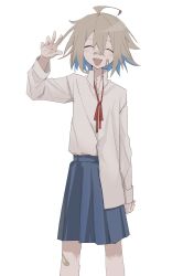 Rule 34 | 1girl, ahoge, bandaid, bandaid on cheek, bandaid on face, bandaid on nose, blue hair, blue skirt, blush, brown hair, closed eyes, colored inner hair, commentary, do it yourself!!, dress shirt, facing viewer, fang, feet out of frame, hand up, highres, loose neck ribbon, multicolored hair, neck ribbon, o-three, open mouth, pleated skirt, popped collar, red ribbon, ribbon, school uniform, shirt, shirt partially tucked in, short hair, simple background, skin fang, skirt, smile, solo, standing, straight-on, waving, white background, white shirt, yua serufu