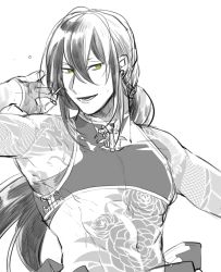 Rule 34 | 1boy, abs, armpits, crop top, earrings, fate/grand order, fate (series), fingerless gloves, flower tattoo, gloves, green eyes, jewelry, long hair, looking to the side, male focus, muscular, navel, ororooops, ponytail, solo, spot color, tattoo, yan qing (fate)