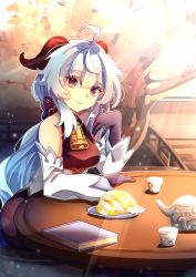 Rule 34 | 1girl, absurdres, akira luca, black gloves, blue hair, book, brown eyes, closed mouth, cup, detached sleeves, eyes visible through hair, food, ganyu (genshin impact), genshin impact, gloves, highres, horns, light blue hair, outline, plate, prosperous peace (genshin impact), smile, solo, table, teapot, white outline, white sleeves