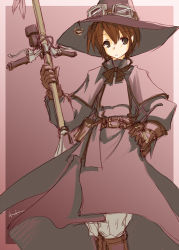 Rule 34 | 1girl, akiyama nenehisa, belt, bow, broom, brown background, brown bow, brown gloves, brown hair, brown theme, gloves, goggles, goggles on headwear, hand on own hip, hat, hat ornament, long sleeves, looking at viewer, original, pouch, short hair, solo, standing, witch hat