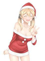 Rule 34 | 10s, 1girl, :d, ^ ^, anchor hair ornament, bare shoulders, breasts, christmas, cleavage, collarbone, dress, closed eyes, hair ornament, hat, highres, kantai collection, kyounami, leaning forward, light brown hair, looking at viewer, off-shoulder dress, off shoulder, open mouth, prinz eugen (kancolle), red dress, santa costume, santa hat, simple background, smile, solo, twintails, v, white background