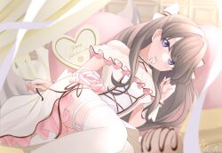 Rule 34 | 1girl, :3, bow, breasts, brown hair, candy, chocolate, chocolate heart, commentary, cross-laced clothes, cross-laced dress, dress, film grain, flower, food, fujishima megumi, hair bow, hair intakes, halter dress, halterneck, happy valentine, heart, highres, link! like! love live!, long hair, looking at viewer, love live!, lying, medium breasts, mouth hold, off-shoulder dress, off shoulder, on side, pink dress, pink flower, purple eyes, signature, solo, swept bangs, thighhighs, tsubuan (in taiyaki), two side up, virtual youtuber, white bow, white chocolate, white dress, white thighhighs