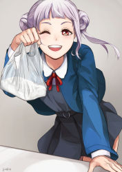 Rule 34 | 1girl, ;), absurdres, arashi chisato, artist name, artist request, bag, bare legs, belt, blue cardigan, blue jacket, blush, bow, bowtie, breasts, buttons, cardigan, collared shirt, cropped jacket, double bun, dress, dress shirt, female focus, floating hair, grey background, grey belt, grey shirt, grey skirt, hair bun, hair tie, highres, holding, holding bag, jacket, long hair, long sleeves, looking at viewer, love live!, love live! superstar!!, miniskirt, neck ribbon, o-ring, o-ring belt, one eye closed, parted lips, plaid, plaid skirt, pleated, pleated skirt, red bow, red eyes, red ribbon, ribbon, school uniform, shirt, skirt, small breasts, smile, solo, teeth, twintails, wavy hair, white hair, white shirt, wing collar, wink, yuigaoka school uniform
