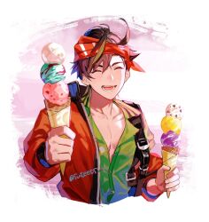 Rule 34 | 1boy, arknights, aynoh, bandana, brown hair, bryophyta (arknights), closed eyes, commentary, cropped torso, food, green shirt, holding, holding food, holding ice cream, ice cream, ice cream cone, jacket, long sleeves, looking at viewer, male focus, open mouth, pectorals, pink background, red bandana, red jacket, shirt, short hair, simple background, smile, solo, unbuttoned, upper body, white background, zipper