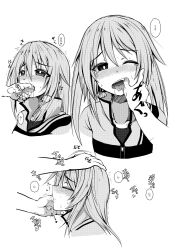 Rule 34 | 1girl, 1other, alice gear aegis, blush, finger in another&#039;s mouth, finger sucking, greyscale, hand on another&#039;s head, headpat, highres, hirasaka yotsuyu, imagawa akira, monochrome, one eye closed, open mouth, saliva, tears, tongue, tongue grab, translation request