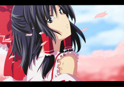 Rule 34 | 1girl, anime coloring, black eyes, black hair, blue sky, blurry, blurry background, bow, cherry blossoms, cloud, collar, day, detached sleeves, frilled collar, frilled shirt collar, frills, from behind, hair bow, hair tubes, hakurei reimu, letterboxed, looking at viewer, looking back, okuba, parted lips, petals, red bow, ribbon-trimmed sleeves, ribbon trim, shaft look, short hair, sky, solo, touhou, upper body