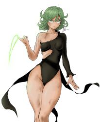 Rule 34 | 1girl, artist request, bare legs, black dress, breasts, curly hair, curvy, dress, green eyes, green hair, highres, index finger raised, legs together, looking at viewer, medium breasts, one-punch man, psychic, shiny skin, small breasts, smile, tatsumaki, thighs, torn clothes, torn dress, wide hips