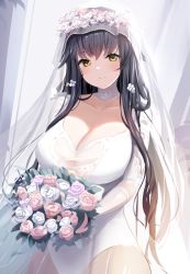 Rule 34 | 1girl, azuma (azur lane), azuma (lily-white longing) (azur lane), azur lane, black hair, blush, bouquet, breasts, bridal veil, choker, cleavage, closed mouth, collarbone, commentary request, cowboy shot, dress, flower, garter straps, hair flower, hair ornament, highres, holding, holding bouquet, large breasts, leotard, long hair, long sleeves, looking at viewer, manda (manda9n), official alternate costume, revision, rose, smile, solo, veil, very long hair, wedding dress, white choker, white flower, white leotard, white rose, yellow eyes