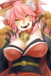 Rule 34 | 1girl, animal ears, animal hands, bad id, bad pixiv id, bare shoulders, bell, breasts, cleavage, collar, fangs, fate/grand order, fate (series), fox ears, hair ribbon, japanese clothes, kazu shida, large breasts, long hair, looking at viewer, neck bell, open mouth, pink hair, ribbon, solo, tamamo (fate), tamamo cat (fate), tamamo cat (first ascension) (fate), tamamo no mae (fate/extra), yellow eyes