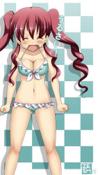 Rule 34 | 1girl, angry, bikini, breasts, cleavage, closed eyes, fang, female focus, frilled bikini, frills, front-tie top, highres, legs, navel, original, red hair, shiny skin, solo, standing, swimsuit, text focus, translated, twintails, zeshgolden, zshgldn