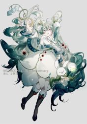 Rule 34 | 1girl, ahoge, character name, dress, flower, full body, green eyes, green hair, hair between eyes, hatsune miku, highres, holding, holding flower, holly, liita (dusk snow), long hair, parted lips, signature, snowdrop (flower), snowflake print, solo, very long hair, vocaloid, white dress, winter clothes, yuki miku
