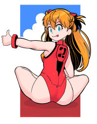 Rule 34 | 1girl, absurdres, adapted costume, ass, blue eyes, blue sky, breasts, commentary request, from behind, full body, highleg, highleg leotard, highres, interface headset, leotard, long hair, looking at viewer, looking back, medium breasts, neon genesis evangelion, okera, orange hair, plugsuit, red leotard, shiny clothes, simple background, sitting, sky, smile, solo, souryuu asuka langley, thighs, thumbs up, tongue, tongue out, wide hips