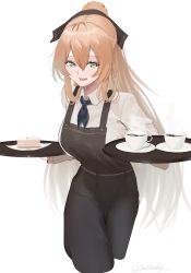 Rule 34 | 1girl, absurdres, apron, brown hair, cake, cake slice, collared shirt, cup, food, girls&#039; frontline, green eyes, hair between eyes, highres, long hair, long sleeves, open mouth, ponytail, saturndxy, shirt, simple background, solo, springfield (girls&#039; frontline), tray, white background, white shirt