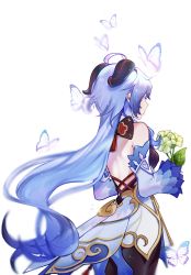 Rule 34 | 1girl, absurdres, ahoge, back, backless outfit, black pantyhose, blue hair, bow, breasts, bug, butterfly, detached sleeves, fari xo, flower, from behind, ganyu (genshin impact), genshin impact, gold trim, highres, holding, holding flower, horns, insect, long hair, low ponytail, pantyhose, qingxin flower, solo, standing, very long hair, waist cape, white background, white flower, white sleeves
