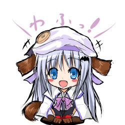 Rule 34 | 1girl, animal ears, blue eyes, bow, buttons, dog ears, dog tail, fangs, hat, large buttons, little busters!, long hair, lowres, noumi kudryavka, pink bow, ryuushou, silver hair, solo, squatting, tail