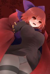Rule 34 | 1girl, arano oki, black pantyhose, blush, bow, bow panties, breasts, cape, crotch seam, curvy, fang, from below, hair bow, large breasts, open mouth, panties, panties under pantyhose, pantyhose, red eyes, red hair, sekibanki, short hair, solo, thighband pantyhose, touhou, underwear, white panties