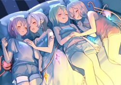 Rule 34 | 4girls, alternate costume, bad id, bad pixiv id, bare shoulders, bed, blonde hair, blue hair, blue shorts, blush, camisole, closed eyes, crystal, demon wings, dress, face-to-face, fang, flandre scarlet, green camisole, green hair, green shorts, grey shirt, highres, holding hands, komeiji koishi, komeiji satori, lying, multiple girls, navel, on back, on side, open mouth, pillow, pink hair, pointy ears, red shorts, red tank top, remilia scarlet, shirt, short hair, short shorts, short sleeves, shorts, siblings, sisters, sleeping, soku (bluerule-graypray), strapless, strapless dress, tank top, thighs, third eye, touhou, white dress, wings, yuri