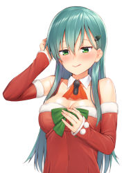 Rule 34 | 10s, 1girl, aqua hair, bare shoulders, blush, bow, breasts, christmas, cleavage, detached sleeves, hair ornament, hairclip, kantai collection, long hair, mikazuchi zeus, santa costume, simple background, smile, solo, suzuya (kancolle), white background