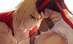 Rule 34 | 2boys, bad id, bad twitter id, bara, bare shoulders, black hair, blonde hair, capcom, close-up, dougi, fingerless gloves, from behind, gloves, hand on another&#039;s face, headband, highres, ken masters, looking at another, male focus, mature male, multiple boys, muscular, muscular male, open clothes, open shirt, pectoral cleavage, pectorals, ryu (street fighter), shirt, short hair, sideburns, sleeveless, spiked hair, street fighter, street fighter ii (series), thick eyebrows, torn clothes, torn shirt, upper body, wet, yaoi, yuiofire