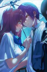 Rule 34 | 1boy, 1girl, a-chan (little busters!), blue bow, blue eyes, blue necktie, blush, bow, breasts, brown eyes, brown hair, collared shirt, commentary request, eyelashes, hair between eyes, hand on another&#039;s chest, hand up, hetero, highres, holding, holding umbrella, large breasts, little busters!, little busters! school uniform, long hair, looking at another, miiizuno lbs, natsume kyousuke, necktie, outdoors, parted lips, profile, rain, school uniform, shirt, short hair, umbrella, under umbrella, upper body, v-shaped eyebrows, water drop, wet, white shirt