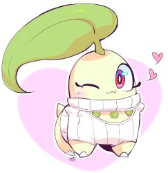 Rule 34 | 2017, :3, chikorita, clothed pokemon, commentary, creature, creatures (company), english commentary, full body, game freak, gen 2 pokemon, heart, heart background, meme attire, milka (milk4ppl), nintendo, no humans, one eye closed, open-chest sweater, pokemon, pokemon (creature), red eyes, signature, solo, standing, sweater, white background