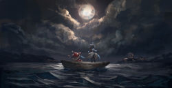 Rule 34 | 2girls, bad id, bad pixiv id, black hair, boat, bow, dark, from behind, full moon, grey hair, hat, hat bow, highres, moon, multiple girls, night, original, outdoors, red bow, red hat, scenery, shichigatsu, short hair, standing, water, watercraft