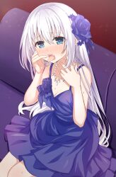 Rule 34 | 1girl, absurdres, artina, bare shoulders, blue eyes, blush, breasts, cleavage, collar, date a live, dress, flower, hair flower, hair ornament, hairclip, highres, indoors, long hair, looking at viewer, medium breasts, open mouth, purple dress, sitting, solo, tobiichi origami, tongue, tongue out, white hair