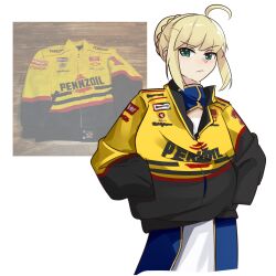 Rule 34 | 1girl, absurdres, ahoge, artoria pendragon (all), artoria pendragon (fate), blue dress, chevrolet, coca-cola, cosplay, dress, fate (series), frown, green eyes, hair behind ear, hands in pockets, highres, holeecrab, jacket, looking to the side, nascar, pennzoil, photo inset, reference inset, saber (fate), sidelocks, steve park, steve park (cosplay), v-shaped eyebrows, white background, yellow jacket