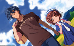 Rule 34 | 00s, 1boy, 1girl, age difference, ascot, backpack, bag, blue eyes, blue hair, brown eyes, brown hair, child, clannad, day, dixie cup hat, dress, family, father and daughter, field, hat, highres, military hat, official art, official wallpaper, okazaki tomoya, okazaki ushio, randoseru, sailor dress, sky, vector trace, wallpaper