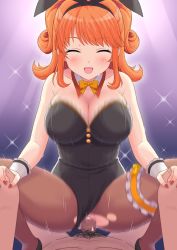 Rule 34 | 1boy, 1girl, animal ears, artist request, bare shoulders, black leotard, blue eyes, blush, bow, bowtie, breasts, card (medium), character name, cleavage, closed eyes, collarbone, detached collar, fake animal ears, girlfriend (kari), gold bow, hair ornament, hair ribbon, highres, indoors, large breasts, leotard, looking at viewer, medium hair, nail polish, night, open mouth, orange hair, pantyhose, playboy bunny, pubic hair, purple background, rabbit ears, rabbit girl, rabbit tail, ribbon, sagara emi, sex, smile, solo, squatting, strapless, strapless leotard, tagme, tail, tan neckwear, torn clothes, torn pantyhose, two side up, vaginal, wrist cuffs