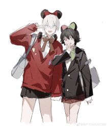 Rule 34 | 1boy, 1girl, absurdres, black hair, blue eyes, crossdressing, dante (devil may cry), devil may cry, devil may cry (series), devil may cry 3, highres, lady (devil may cry), looking at viewer, mickey mouse ears, miniskirt, pale skin, school uniform, short hair, skirt, smile, trap, v, weibo 7054093389, white background, white hair