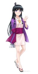 Rule 34 | 1girl, absurdres, ace attorney, black hair, feet, hair ornament, half updo, highres, japanese clothes, jewelry, long hair, looking at viewer, magatama, maya fey, murasaki2714, necklace, simple background, smile, solo, very long hair, white background