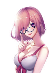 Rule 34 | 1girl, adjusting eyewear, blush, breasts, cleavage, collarbone, dress, eyes visible through hair, fate/grand order, fate (series), freze, glasses, hair between eyes, hair over one eye, highres, index finger raised, large breasts, light purple hair, looking at viewer, mash kyrielight, mash kyrielight (swimsuit of perpetual summer), official alternate costume, one-piece swimsuit, open mouth, purple eyes, short hair, smile, solo, swimsuit, upper body, white background, white one-piece swimsuit