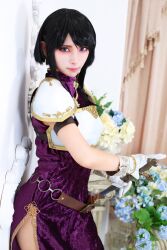 Rule 34 | 1girl, armor, asian, belt, black hair, breastplate, cosplay, cosplay photo, earrings, fire emblem, fire emblem: genealogy of the holy war, flower, gloves, highres, holding, holding sword, holding weapon, jewelry, larcei (fire emblem), looking at viewer, nintendo, photo (medium), purple eyes, purple tunic, short hair, shoulder armor, solo, sword, tunic, weapon, yolda cos