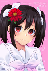 Rule 34 | 1girl, a song for you! you? you!, artist name, artist request, belt, black hair, blush, bow, collarbone, female focus, flower, hair bow, hair flower, hair ornament, looking at viewer, love live!, love live! school idol project, miyamoto rizu, neckerchief, parted lips, pink background, pink neckerchief, pink scrunchie, red eyes, red flower, sailor collar, scrunchie, shirt, short hair, smile, solo, twintails, white bow, white shirt, yazawa nico
